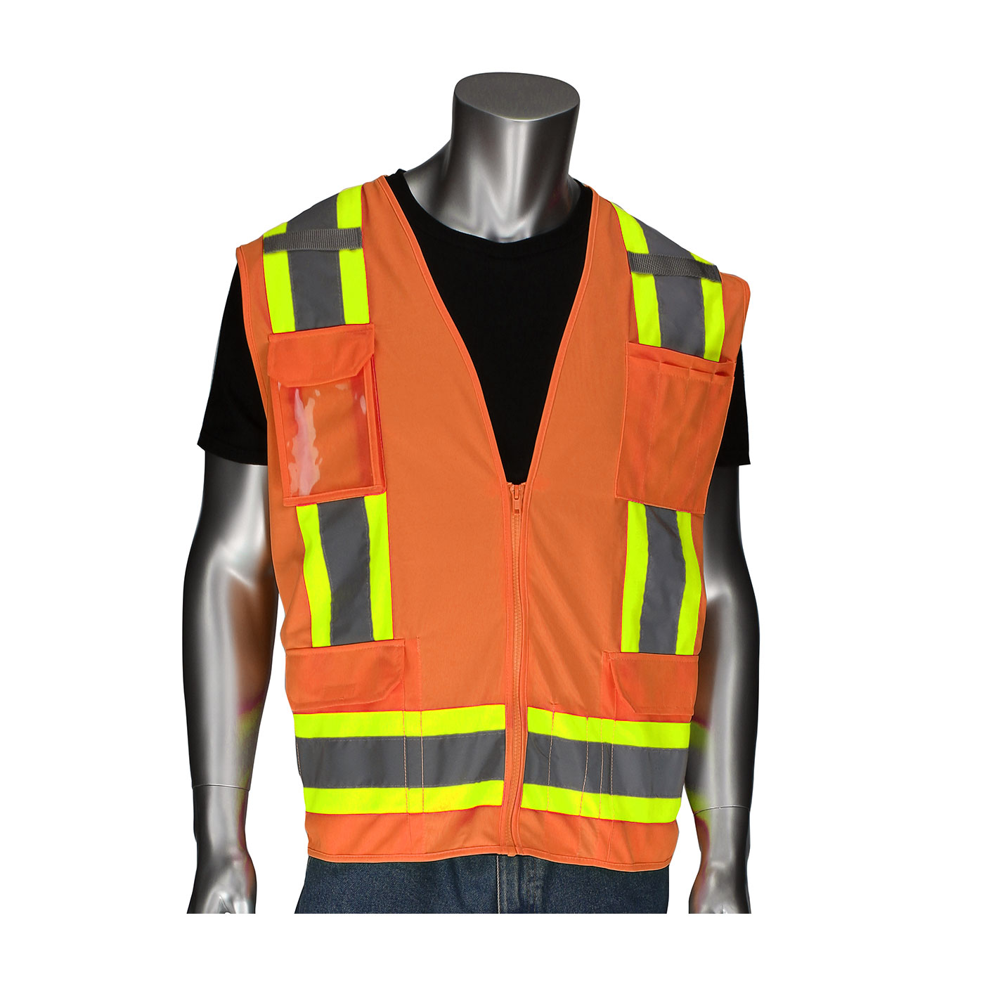 302-0500D PIP® ANSI Type R Class 2 Two-Tone Eleven Pocket Surveyors Vest with Solid Front, Mesh Back and `D` Ring Access - Orange